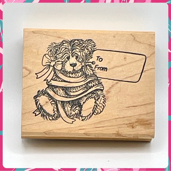 Vintage 1990s JUDIKINS Fuzzy Bear w Bow & Gift Tag Wood Mounted Rubber Stamp - Picture 6 of 6